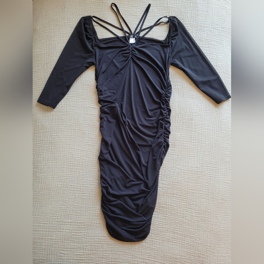 VENUS Black Sheer Sleeve Ruched Dress Lg